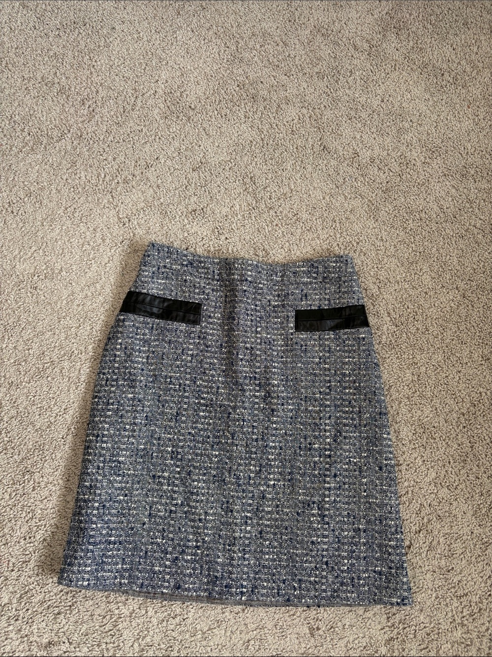 Judith & Charles Navy Blue Tweed Pencil Skirt Black Satin Trim Size 4 Academia